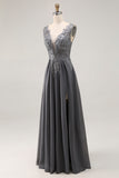 Charcoal A Line Applique V-Neck Long Mother of the Bride Dress with Slit