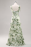 Green Floral Ruffled Corset Maxi Bridesmaid Dress with Slit