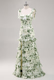 Green Floral Ruffled Corset Maxi Bridesmaid Dress with Slit