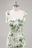 Green Floral Ruffled Corset Maxi Bridesmaid Dress with Slit