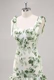 Green Floral Ruffled Corset Maxi Bridesmaid Dress with Slit