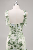 Green Floral Ruffled Corset Maxi Bridesmaid Dress with Slit