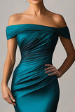 Off the Shoulder Eucalyptus Mermaid Satin Ruched Maxi Formal Dress