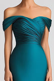 Peacock Blue Off the Shoulder Sheath Satin Pleated Formal Dress