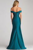 Peacock Blue Off the Shoulder Sheath Satin Pleated Formal Dress