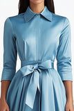 3/4 Sleeves A-Line Dusty Sage Knee Length Formal Dress with Sash
