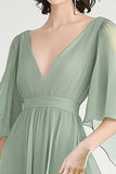 Dusty Sage V-Neck Half Sleeves Chiffon Formal Dress