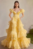 Princess Yellow Ruffled Ball Gown Maxi Organza Formal Dress