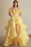 Yellow Sweetheart Ruffled Ball Gown High Low Organza Formal Dress