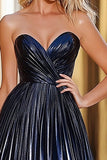 Navy Metallic Sweetheart Pleated A Line Prom Dress