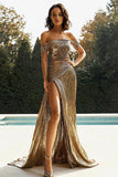 Leely Women Metallic Golden Off the Shoulder Prom Dress with Slit Sheath Ruched Evening Gala Dress