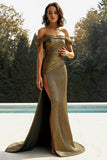 Metallic Golden Off the Shoulder Sheath Prom Dress with Slit