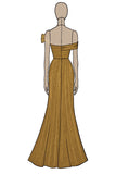Metallic Golden Off the Shoulder Sheath Prom Dress with Slit