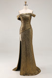 Sparkly Metallic Golden Long Sheath Prom Dress with Slit