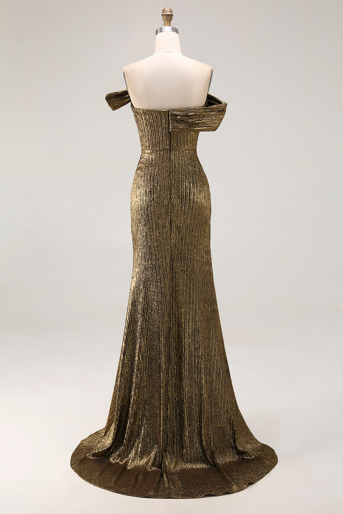 Leely Women Metallic Golden Off the Shoulder Prom Dress with Slit