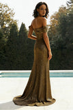 Metallic Golden Off the Shoulder Sheath Prom Dress with Slit