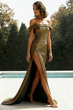 Metallic Golden Off the Shoulder Sheath Prom Dress with Slit