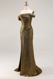 Sparkly Metallic Golden Long Sheath Prom Dress with Slit