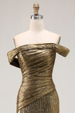 Sparkly Metallic Golden Long Sheath Prom Dress with Slit