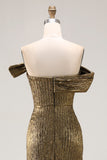 Sparkly Metallic Golden Long Sheath Prom Dress with Slit