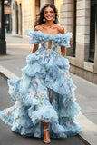 Blue Floral Ball Gown Ruffled A Line Off The Shoulder Maxi Prom Dress