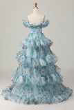 Blue Floral Ball Gown Ruffled A Line Off The Shoulder Maxi Prom Dress