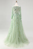 Dusty Sage V-Neck Ball Gown Applique Long Sleeves Prom Dress