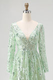 Dusty Sage V-Neck Ball Gown Applique Long Sleeves Prom Dress