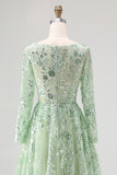 Dusty Sage V-Neck Ball Gown Applique Long Sleeves Prom Dress