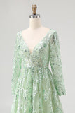 Dusty Sage V-Neck Ball Gown Long Sleeves Prom Dress with Sequins