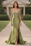 Sage Mermaid Satin Spaghetti Straps Beaded Prom Dress with Slit