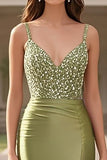 Sage Mermaid Satin Spaghetti Straps Beaded Prom Dress with Slit