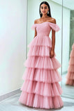 Pink Tiered Off The Shoulder Ruched A Line Prom Dress