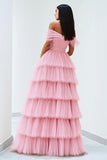 Pink Tiered Off The Shoulder Ruched A Line Prom Dress