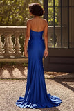 Royal Blue Ruched Sweetheart Sheath Prom Dress with Slit