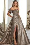 Glitter A Line Metallic Gold One Shoulder Long Prom Dress with Slit