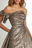Glitter A Line Metallic Gold One Shoulder Long Prom Dress with Slit