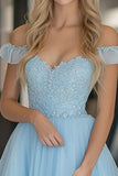 Sky Blue A Line Tulle Off the Shoulder Applique Floor Length Prom Dress