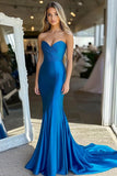 Elegant Royal Blue Satin Strapless Sweetheart Sweep Train Prom Dress