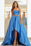 2 Piece Strapless Ball Gown Blue High-Low Satin Long Prom Dress