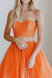 2 Piece Orange Ball Gown Lace Strapless Tiered Floor Length Prom Dress