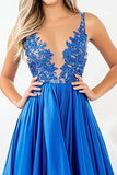 Royal Blue V Neck A Line High-Low Prom Dress with Appliques