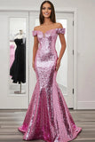 Sparkly Pink Mermaid Off the Shoulder Sequin Long Prom Dress