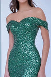 Sparkly Green Sequin Off the Shoulder Sheath Long Prom Dress