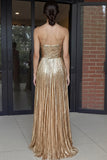 Metallic Gold Strapless Sweetheart A Line Long Prom Dress