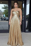 Metallic Gold Strapless Plus Size Sweetheart A Line Long Prom Dress