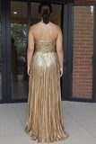 Metallic Gold Strapless Plus Size Sweetheart A Line Long Prom Dress