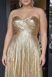 Metallic Gold Strapless Plus Size Sweetheart A Line Long Prom Dress