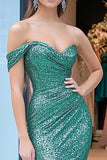 One Shoulder Sparkly Green Ruched Sheath Long Prom Dress