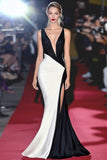 Black White Deep V Neck Mermaid Red Carpet Dress with Slit